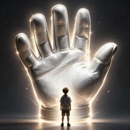 a tiny kid with a huge power glove, bust shot, smooth, intricate, elegant, power aura, digital painting, artstation, concept art, sharp focus, illustration, art by justin gerard, high contrast