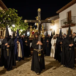 A Holy Week procession of souls in a lush Spanish village at night. A figure at the front holds a cross, trending on artstation, highly detailed, 50mm, by El Greco, Remedios Varo y Salvador Dali.