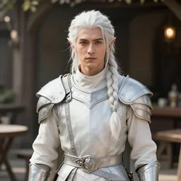 beautiful male drow, loose white braid, super detailed, light armor with silver accenting, 8 k, filmic, octane render, sunlight, tavern background, artstation, greg rutkowski, rossdraws, william bouguereau, sharp focus