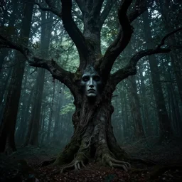 cursed tree in the forest with a human like face | hyperdetailed | volumetric lighting | eerie atmosphere | larry elmore |