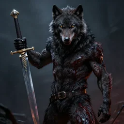 a bloodied black werewolf holds a great dagger by Greg Rutkowski, 4k photorealistic, volumetric lighting, HD, high details, dramatic, dark atmosphere, trending on artstation