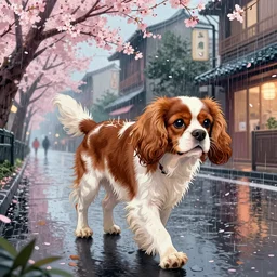 Cavalier king Charles spaniel  walking on rainy street, woodcut, kuvshinov • chill • snatti89• guweiz • aenami • sylar113 • lofi • lofi • arsenixc• seerlight • anime scenery • anime rain • akihabara• asabinart • lofi wallpaper • japanese wallpaper, cheeryblossom