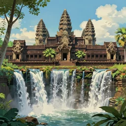 art deco angkor wat brownstone temple on a platform that extends over a great waterfall, everglades, by asher brown durand and eddie mendoza and studio ghibli, trending on artstation