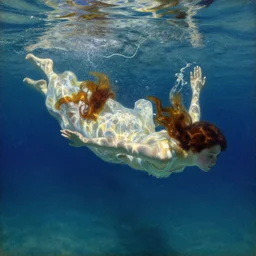 girl in a long dress swimming underwater, caustics, painting by Jeremy Lipkings John William Waterhouse Ayami Kojima Amano Alphonse Mucha Charlie Bowater