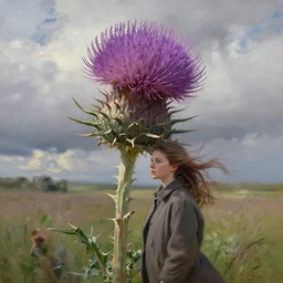 portrait, enormous thistle flower head, a girl wearing a coat in a field, surreal photography, wind, cloudy sky, dramatic light, impressionist painting, digital painting, artstation, simon stalenhag