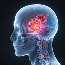x - ray of human head, glitch core, physical based render, renderman, redshift, cybernetic flower punk futurism