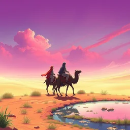 anime muslims journeying across an enchanted isekai desert ocean on camel through a lush oasis, heatwaves anime aesthetic, bright purple and red sky. pond off to the side, by greg rutkowski and ghibli