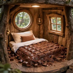a bed of chocolate inside at a tree house