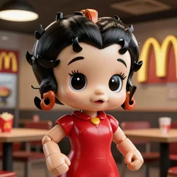 Animatronic Betty Boop in Mc Donalds, real hair, dimly lit, photorealistic, hyper realistic 3d matte painting, unrealengine octane 3d render 4k