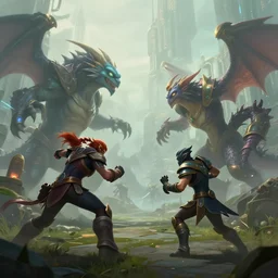 small scene, hyperrealism fantasy creatures fight scene with characters from league of legends portrait, digital art, wallpaper of an fantasy fight, background of sci fi city in fog, diffused lighting, 8 k dop hdr