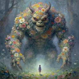 a gigantic beautiful terrifying monster made of flowers looms over a tiny human. ethereal horror fantasy art by greg rutkowski and magali villanueve and monet