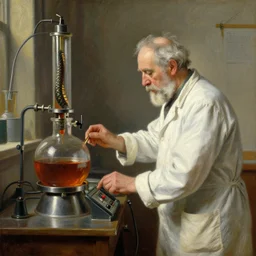 A wizened old chemist works the controls of a differential snake oil engine, painting by Ralph Horsley, painting by Edward Hopper, trending on artstation