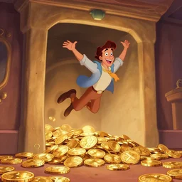 a room filled with gold coins in a bank caveau, man jump inside, in the style of disney