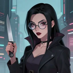 concept art of a vampire girl with round glasses, holding a knife, in a futuristic cyberpunk city, drawn by akihiko yoshida and tsutomu nihei and makoto shinkai and wadim kashin and john berkey and yoji shinkawa