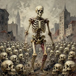 amazing concept painting, by Jessica Rossier and HR giger and Beksinski, prophecy, hallucination, the middle of a cityscape , a golem of bones, it was full of bones,  bones that were very dry, there was a noise, a rattling sound, and the bones came together, bone to bone , I looked, and tendons and flesh appeared on them and skin covered them, but there was no breath in them and breath entered them, they came to life and stood up on their feet a vast army, skulls looking at me from a far