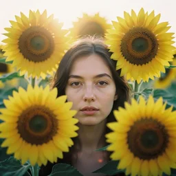 An analog head and shoulder frontal face portrait photography of a woman surrounded by multiple oversized sunflowers by Oleg Oprisco. Kodak Portra 800 film. Depth of field. whirl bokeh. Sunshine. Golden hour. detailed. hq. realistic. warm light. muted colors. Moody. Filmic. Dreamy. lens flare. Leica M9, f/1.2, symmetrical balance, in-frame