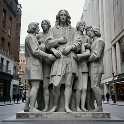 by francis bacon, escher, mystical photography evocative. an concrete sculpture, titled the masses give up, standing in a city center.