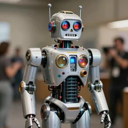 high quality presentation photo of cara delevigne as a retro robot, photography 4k, f1.8 anamorphic, bokeh, 4k, Canon, Nikon