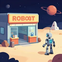 in front of a robot repair store, next to a remote outpost, on an alien planet, from a space themed point and click 2 d graphic adventure game, set design inspired slightly by ( tomb raider ), art inspired by [ thomas kinkade ] and mark keathley and tyler edlin