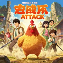 poster for a film fantasy japanese animation called chicken attack, 8 k, hd, dustin nguyen, akihiko yoshida, greg tocchini, greg rutkowski, cliff chiang