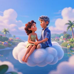 a loving couple sitting on a cloud very in the sky above the Caribbeans, mattepainting concept Blizzard pixar maya engine on stylized background  global illumination lighting artstation in the style of The Road to El Dorado
