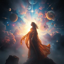 in flowing robes she watches as the universe is born, full body, supersaturated nebulas, misty, ultra dramatic lighting, bright radial arcs of light, radiant stars, intricate, hyper detailed, masterpiece, beautiful painting by ruan jia, artgerm, alphonse mucha, peter mohrbacher