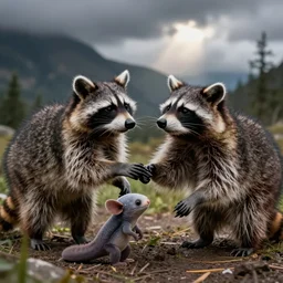 a raccoon and an axolotl doing a handshake, photograph, realistic