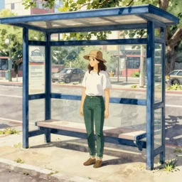 cowgirl in bucket hat dark green skinny jeans waits at sunny blue metro bus stop watercolor studio ghibli Kazuo Oga painting urban background dappled