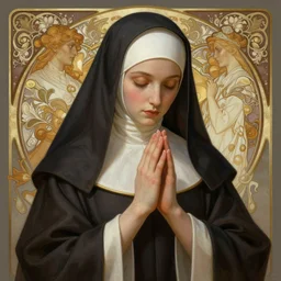 praying nun, D&D, fantasy, intricate, elegant, highly detailed, digital painting, artstation, concept art, matte, sharp focus, illustration, art by Artgerm and Noah Bradley and Scott M Fischer and Greg Rutkowski and Alphonse Mucha