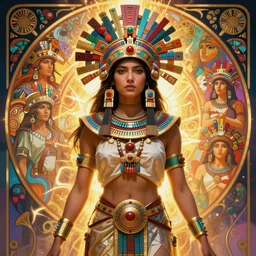 beautiful aztec warrior priestess highly detailed portrait concept art, aztec folklore symbols, doom, artgerm, alphonse mucha, maxim sukharev, alexey egorov, kilian eng, radiant aura, majestic, masterpiece, psychedelic, vibrant, trending on pixiv, octane render, 8 k