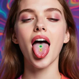 a colorful vibrant closeup portrait of a woman licking a tab of lsd acid on her tongue and dreaming psychedelic hallucinations, by kawase hasui, moebius, edward hopper and james gilleard, zdzislaw beksinski, steven outram colorful flat surreal design, arkane, hd, 8 k, artstation
