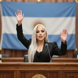 Lady Gaga president of Argentina, Argentina flag behind, bokeh, detailed, hd, waving hands, in Argentine Congress