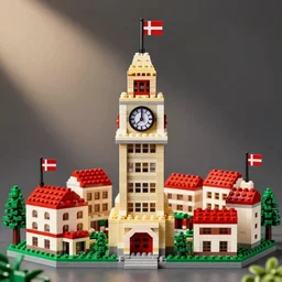 a town built entirely out of lego bricks, danish flags waving at the top of a giant lego clock tower
