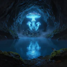 a mystical cave with glowing mushrooms in the background, still blue water calm as a mirror, dark rocks, shadows, mossy ground, atmospheric, butterflies, misty, masterpiece, very detailed, cold blue light, trending on artstation, hyperrealistic, painted by Jessiah Thomason