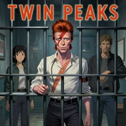 Twin Peaks poster artwork by Michael Whelan and Tomer Hanuka, Karol Bak, Rendering of David Bowie in the local jail cell in the small town, from scene from Twin Peaks, full of details, by Makoto Shinkai and thomas kinkade, Matte painting, trending on artstation and unreal engine