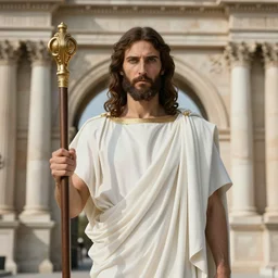 portrait of captured jesus wearing a toga robe in front of ancient roman gate holding a staff, sharp eyes, hyper realistic face, fantasy art, greg rutkowski, intricate, alphonse mucha, gustave dore, hyper detailed engraving, concept art, elden ring, illustration, smooth, sharp focus, by gustave dore and greg rutkowski