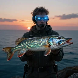 pike fish with glowing head, neural interface, glowing veins subsurface scattering, deep sea, sunset, portrait by gerald brom, by mikhail vrubel, by peter elson, muted colors, extreme detail, trending on artstation, 8 k