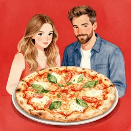 delicious italian pizza, kseniia yeromenko, rob duenas, watercolor, illustration, red background