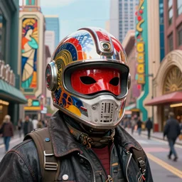 vibrant portrait of masked diesel punk helmet on the art deco streets of the big city, artstation, award - winning realistic sci - fi concept art by jim burns and greg rutkowski, beksinski, a realism masterpiece, complimentary color palette, james gilleard, bruegel, alphonse mucha, and yoshitaka amano