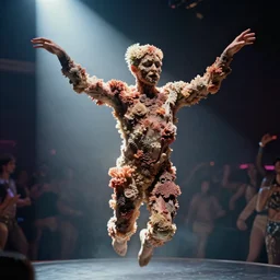 realistic photo of a blurred face of an gay man, covered in shriveling dead coral reef, emitting aura, floating in the air with his arms stretched out, dancing in a gay night club with a spotlight shining on him 1 9 6 0, life magazine photo, natural colors, metropolitan museum, kodak, 8 k, very detailed, high resolution, product photo,