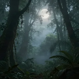 very detailed mystic foggy cinematic jungle background , moon,backlight trees by frazetta