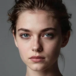 close - up portrait of beautiful young girl, gray background, art by mario testino