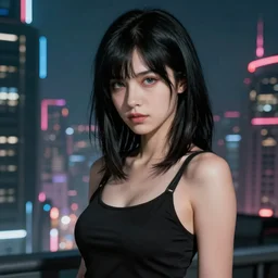 « attractive, sexy, hot, girl, ghost in the shell, unreal engine 5, small nose, black hair, middle length hair, photorealistic, highly detailed, view on a cyberpunk city »