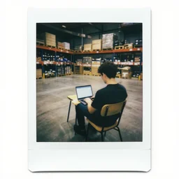 a polaroid photo of man using a laptop inside in warehouse, he sitting on chair and small table, photo from behind
