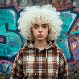 highly detailed portrait of a sewer scotish young lady, tartan hoody, white afro hair by atey ghailan, by greg rutkowski, by greg tocchini, by james gilleard, by joe fenton, by kaethe butcher, gradient cyan, brown, blonde cream and white color scheme, grunge aesthetic!!! ( ( graffiti tag wall background ) )