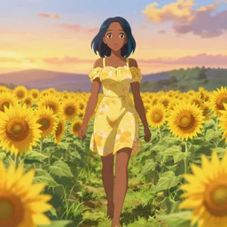 Anime visual of a black woman with blue hair and a yellow floral dress walking in a sunflower field during sunset; official media; Natsuki Takaya; Fruits Basket; spring
