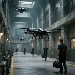 Black brutalist quadcopters swarm the wide hallways in a futuristic prison underground with brutalist architecture, staff can be seen carrying black duffel bags, sigma 85mm f/1.4, 4k, unreal engine, concept art, trending on artstation, depth of field, high resolution, 4k, 8k, hd, full color