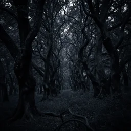 A deep, dark forest. The trees are old and twisted, the leaves are black, and the air is thick with evil.