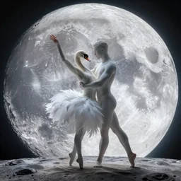 a swan - human hybrid dancing on the moon, with the earth and the sun in the background. the earth and the sun are punching each other. space photography