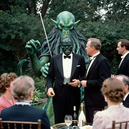 a vintage color kodak photograph of cthulhu in a tuxedo socializing with some people at a fundraising in a private garden